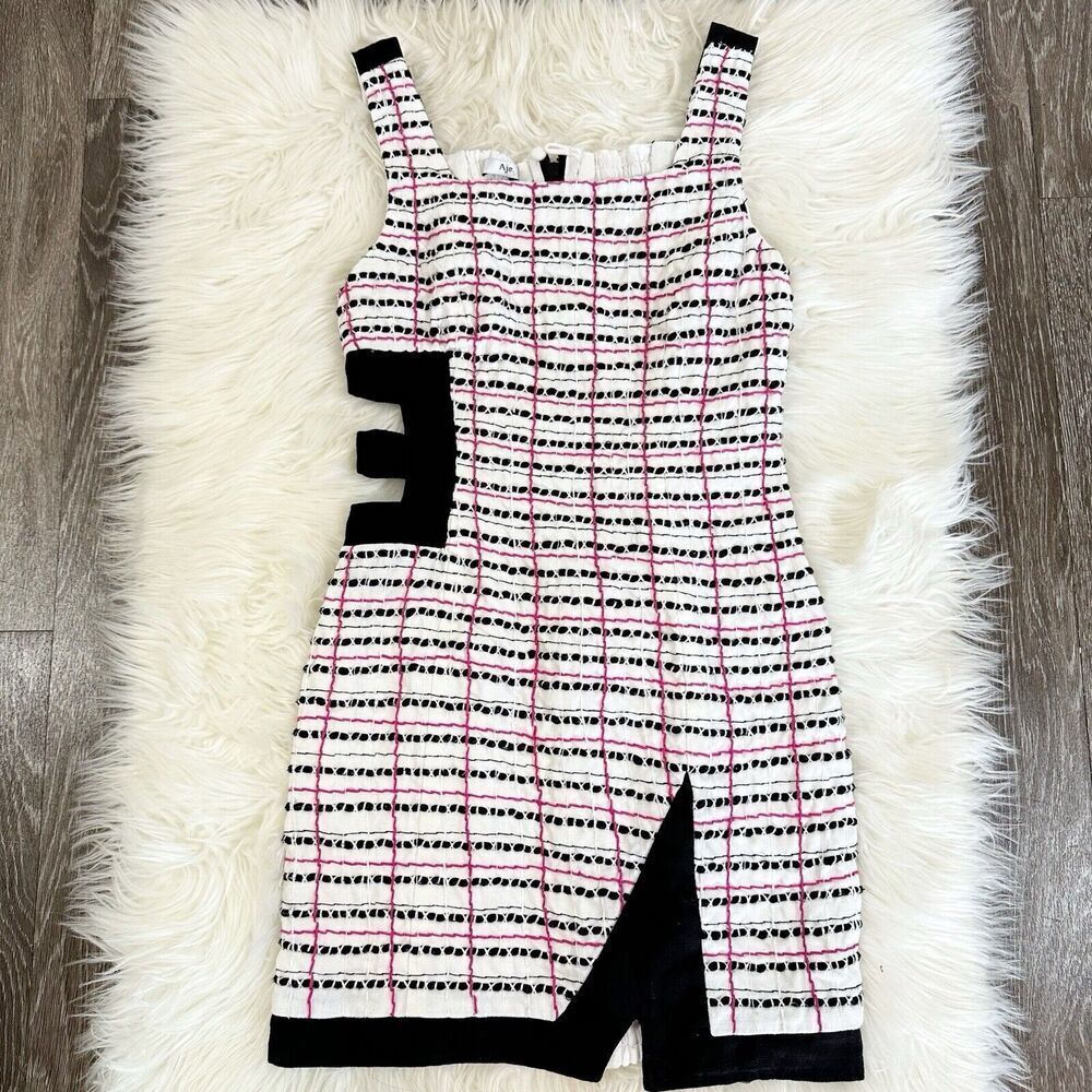 AJE Womens Handweaved Linen Cotton Dress Cutout Mini Size 6 XS Textured
